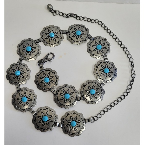 Vgt‎ Korea G&S southwestern faux Silver Tone Turquoise Concho belt women 40 Inch - Picture 2 of 9